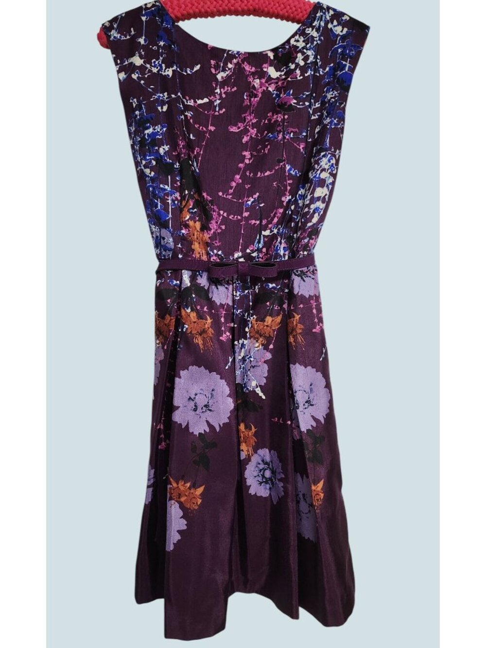 Julian Taylor Sz 14 Belted Dress Purple Floral Pleated Bottom Knee Length